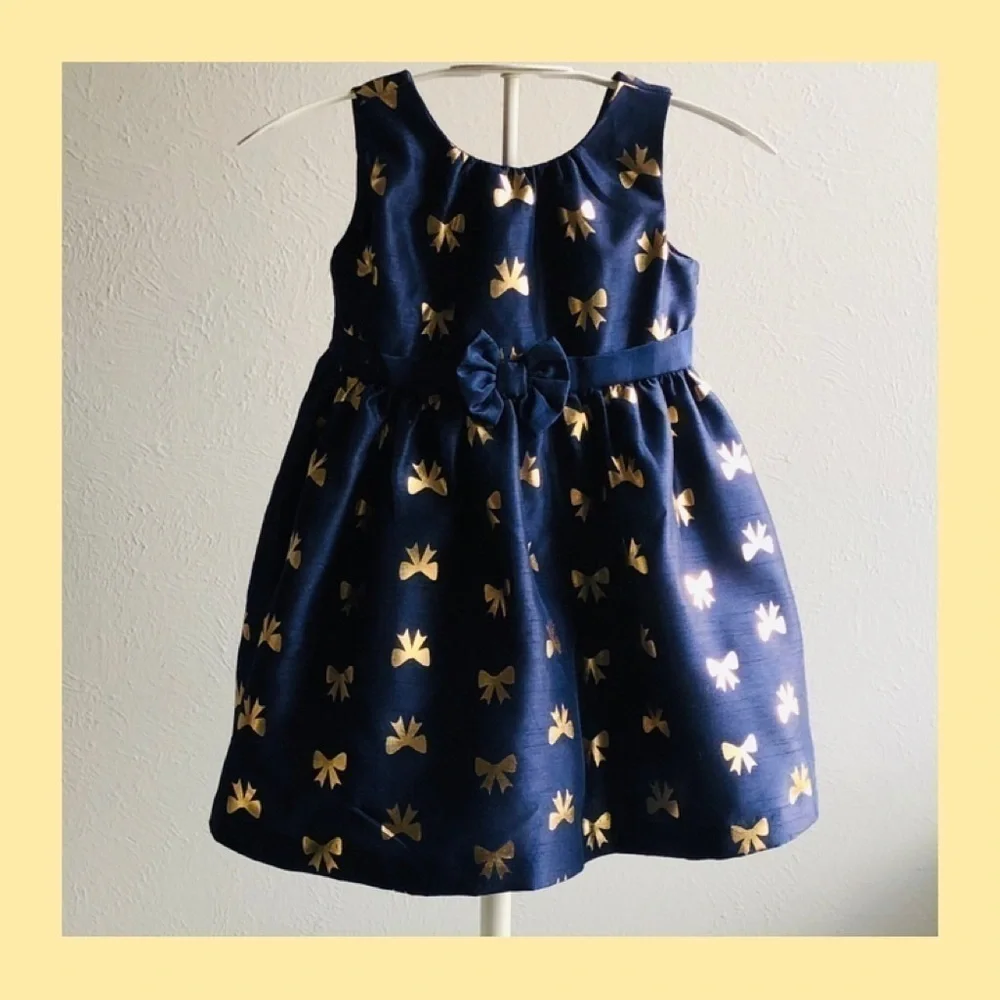 GYMBOREE, stunning navy blue shimmer dress with gold bows, size 2T